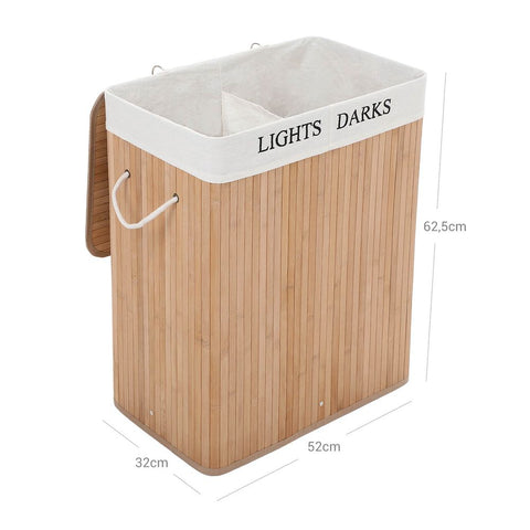 Rootz Laundry Basket - Bamboo With 2 Compartments - Laundry Bin - Laundry Organizer - Washing Basket - Portable Laundry Container - Natural - 52 x 63 x 32 cm (W x H x D)