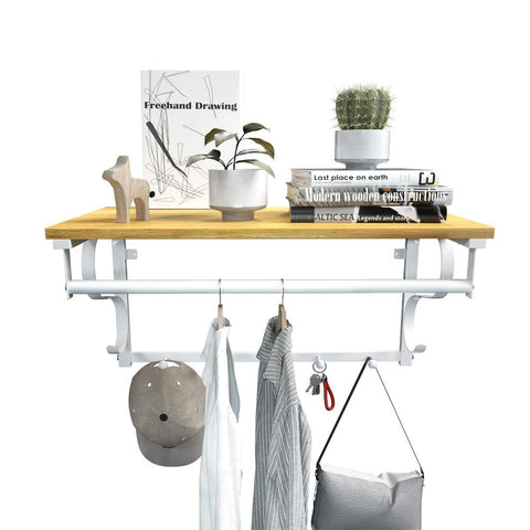 Rootz Wall Coat Rack - With 5 Hooks And Shelf - Hanging Coat Hooks - Entryway Wall Organizer - Wall-mounted Hook Shelf - Iron Frame - MDF Panels - Oak - 60 x 31.7 x 30 cm (W x H x D)