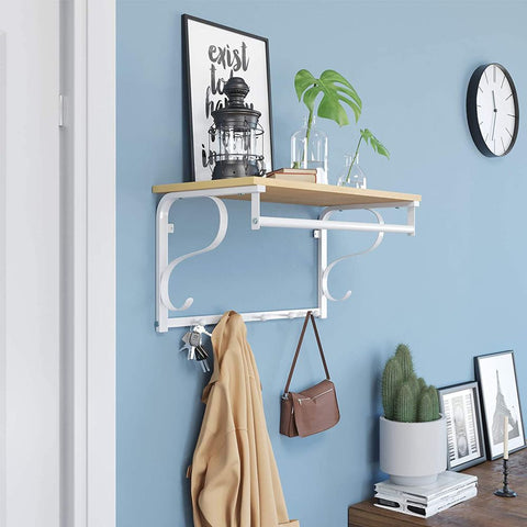 Rootz Wall Coat Rack - With 5 Hooks And Shelf - Hanging Coat Hooks - Entryway Wall Organizer - Wall-mounted Hook Shelf - Iron Frame - MDF Panels - Oak - 60 x 31.7 x 30 cm (W x H x D)