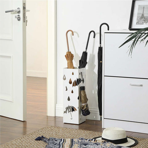 Rootz Umbrella Stand - Metal Umbrella Stand With Hooks - Modern Umbrella Stand - Tall Umbrella Stand - Umbrella Rack - Sheet Iron - White - 15.5 x 15.5 x 49 cm