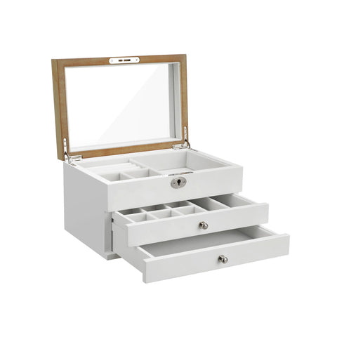 Rootz 3-Drawer Jewelry Box - Necklace Organizer - Bracelet Holder - Elegant Design - Wood Structure - Velvet Lining - Large Mirror - Lockable - White - MDF - Glass - Velvet - Metal Fittings - 24.5cm x 17cm x 14.5cm