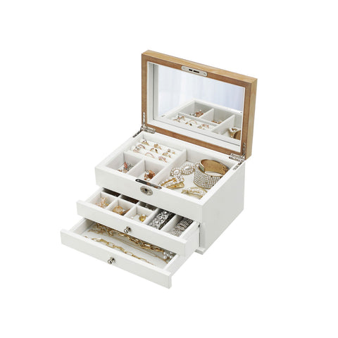 Rootz 3-Drawer Jewelry Box - Necklace Organizer - Bracelet Holder - Elegant Design - Wood Structure - Velvet Lining - Large Mirror - Lockable - White - MDF - Glass - Velvet - Metal Fittings - 24.5cm x 17cm x 14.5cm