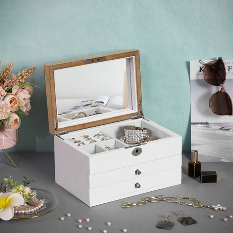 Rootz 3-Drawer Jewelry Box - Necklace Organizer - Bracelet Holder - Elegant Design - Wood Structure - Velvet Lining - Large Mirror - Lockable - White - MDF - Glass - Velvet - Metal Fittings - 24.5cm x 17cm x 14.5cm