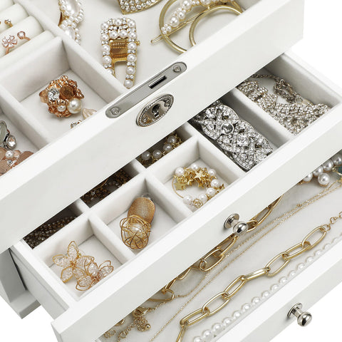 Rootz 3-Drawer Jewelry Box - Necklace Organizer - Bracelet Holder - Elegant Design - Wood Structure - Velvet Lining - Large Mirror - Lockable - White - MDF - Glass - Velvet - Metal Fittings - 24.5cm x 17cm x 14.5cm