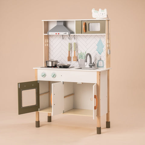 Rootz Wooden Play Kitchen for Toddlers Kids - Pretend Play Kitchen - Educational Toy Kitchen Set - Authentic Cooking Experience - Large Storage Space - 76 cm x 33 cm x 89 cm - Durable Wood