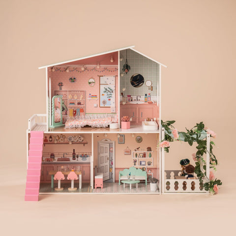 Rootz Spring Garden Cabin Wooden Dollhouse - Miniature Home - Kids Playhouse - 25+ Lifelike Accessories - Educational & Safe - 60cm x 30cm x 70cm - 100% Real Wood