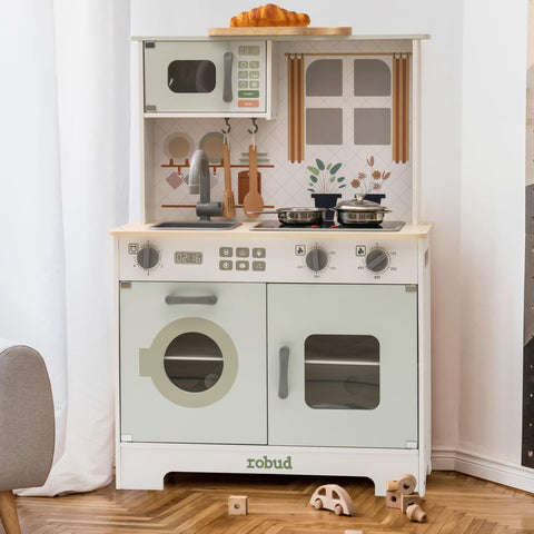 Rootz Green Modern Look Play Kitchen - Kids Chef Set - Pretend Play Kitchen - Spark Imagination - Enhance Social Skills - Realistic Lights & Sounds - 90cm x 60cm x 30cm - Wood