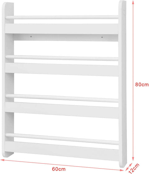 Rootz Wall Mounted 4 Tiers Children Kids Bookcase Book Shelf -Storage Display Shelving Rack- 60x12x80cm