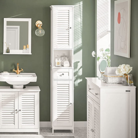 Rootz Bathroom Tall Cabinet - Bathroom Storage with 2 Shutter Doors and 1 Drawer