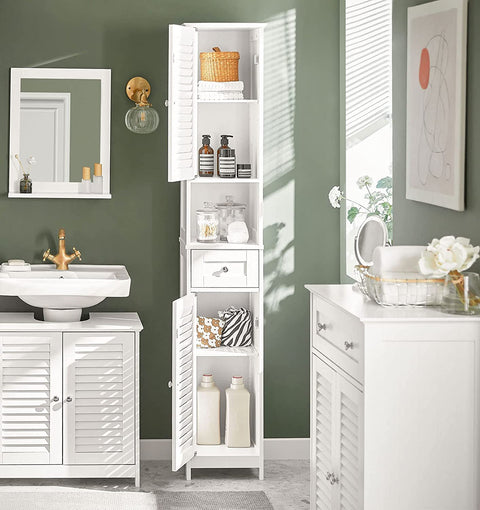Rootz Bathroom Tall Cabinet - Bathroom Storage with 2 Shutter Doors and 1 Drawer
