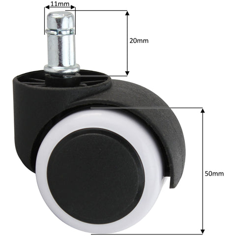 Rootz Set of 5 Premium White Office Chair Castors - Smooth Hard Floor - 11mm Pin - 50mm Diameter - Swivel Castors for Hard Floors