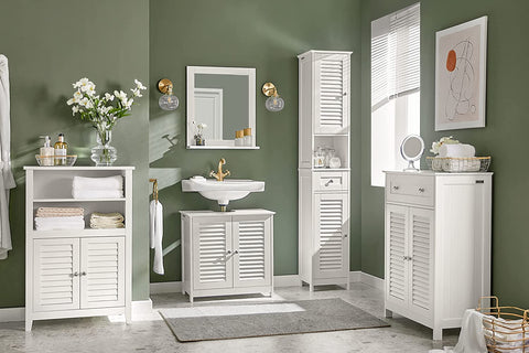 Rootz Bathroom Tall Cabinet - Bathroom Storage with 2 Shutter Doors and 1 Drawer