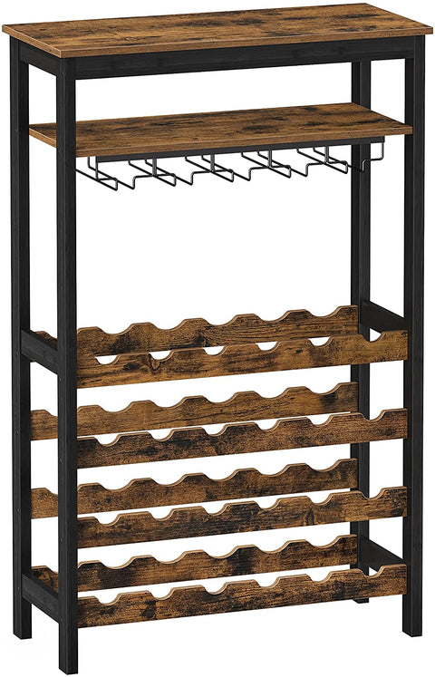 Rootz Wine Rack with Glass Holders - Wine Holder - Bottle Rack - Standing - Industrial - Brown and Black - 66 x 30 x 100 cm