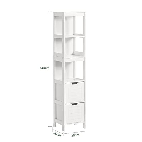 Rootz White Tall Bathroom Storage Cabinet with 3 Shelves and 2 Drawers
