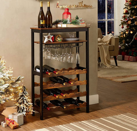 Rootz Wine Rack with Glass Holders - Wine Holder - Bottle Rack - Standing - Industrial - Brown and Black - 66 x 30 x 100 cm