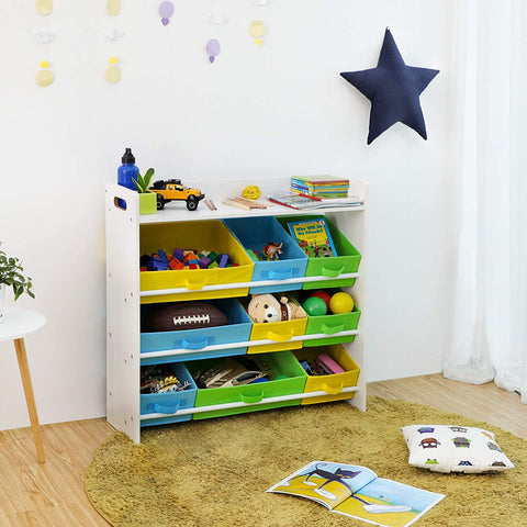 Rootz´s Toy organizer with 9 removable bins made of non-woven fabric - Storage space - Bookshelf - Storage cabinet - Toy organizer - Toy cabinet - Wooden frame - MDF - White