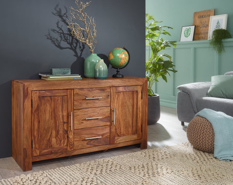 Rootz Sideboard - Solid Wood Sheesham - 3 Drawers - 2 Doors - Country House Style - Brown - 118 cm