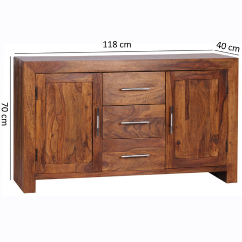 Rootz Sideboard - Solid Wood Sheesham - 3 Drawers - 2 Doors - Country House Style - Brown - 118 cm