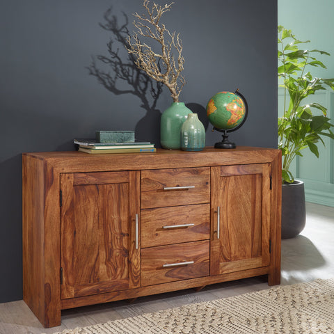 Rootz Sideboard - Solid Wood Sheesham - 3 Drawers - 2 Doors - Country House Style - Brown - 118 cm