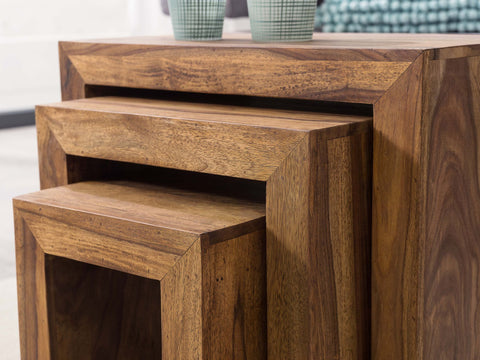 Rootz Nesting Tables - Set of 3 - Solid Wood Sheesham - Dark Brown - Country Style - Living Room Side Tables