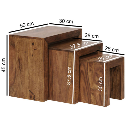 Rootz Nesting Tables - Set of 3 - Solid Wood Sheesham - Dark Brown - Country Style - Living Room Side Tables
