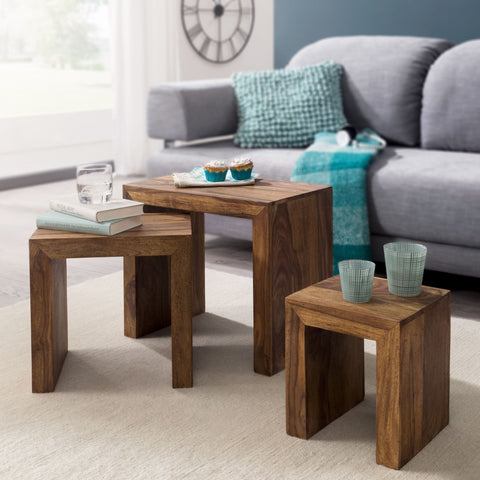 Rootz Nesting Tables - Set of 3 - Solid Wood Sheesham - Dark Brown - Country Style - Living Room Side Tables