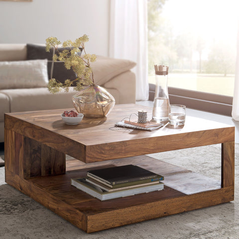 Rootz Coffee Table - Dark Brown Design Living Room Table - Country Style Table - Sheesham Solid Wood - 90cm
