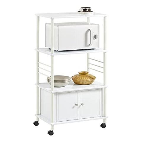 Rootz White Microwave Shelf - Kitchen Wheeled Storage Trolley - Kitchen Cabinet - 3 Shelves + 1 Cabinet