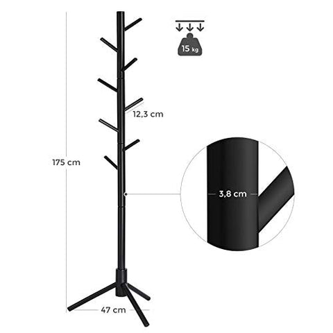 Rootz Coat Stand - Coat Rack Stand - Freestanding Coat Stand - Wooden Coat Stand - Hallway Coat Stand - Standing Coat Stand - Coat Stand With Hooks - Rubberwood - Black - 47 x 47 x 175 cm (L x W x H)