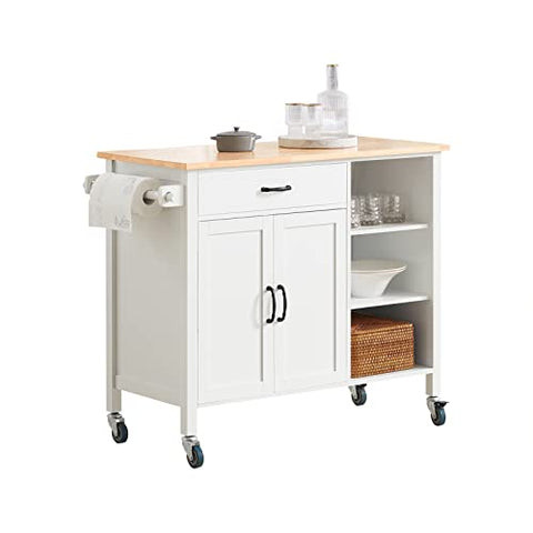 Rootz Kitchen Storage Trolley Cart with Rubber Wood Worktop - Kitchen Cabinet Cupboard Sideboard on Wheels