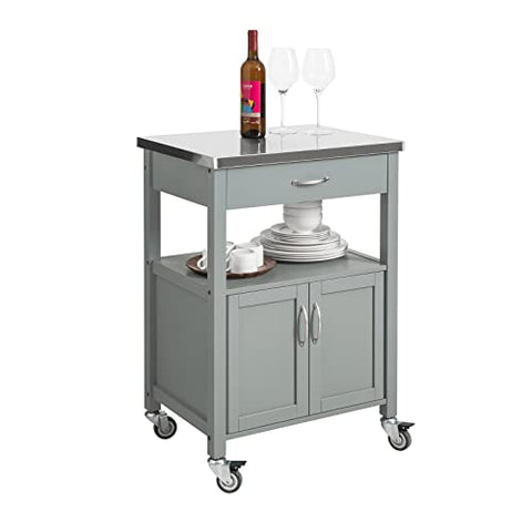 Rootz Kitchen Trolley Cart Storage Trolley Serving Trolley Kitchen Cabinet with Stainless Steel Worktop