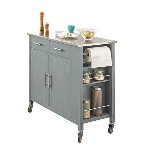 Rootz Kitchen Storage Trolley Cart with Stainless Steel - Worktop-Kitchen Island - Kitchen Cabinet - Cupboard - Sideboard on Wheels