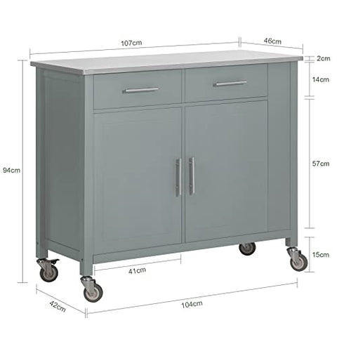 Rootz Kitchen Storage Trolley Cart with Stainless Steel - Worktop-Kitchen Island - Kitchen Cabinet - Cupboard - Sideboard on Wheels