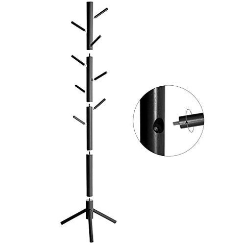 Rootz Coat Stand - Coat Rack Stand - Freestanding Coat Stand - Wooden Coat Stand - Hallway Coat Stand - Standing Coat Stand - Coat Stand With Hooks - Rubberwood - Black - 47 x 47 x 175 cm (L x W x H)