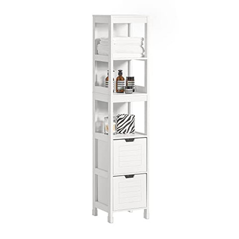 Rootz White Tall Bathroom Storage Cabinet with 3 Shelves and 2 Drawers