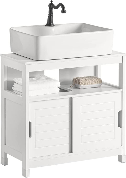 Rootz White Under Sink Bathroom Storage Cabinet with Shelf and Double Sliding Door- 60x30x60cm