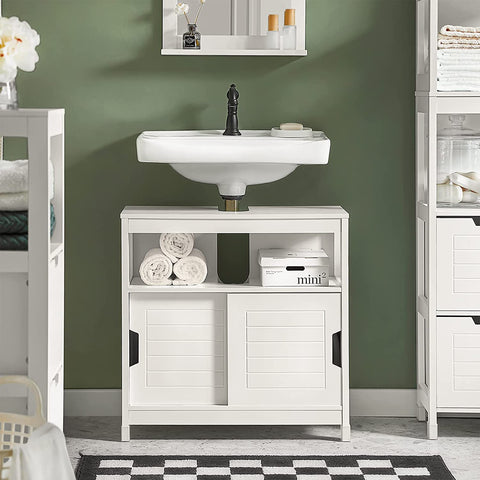 Rootz White Under Sink Bathroom Storage Cabinet with Shelf and Double Sliding Door- 60x30x60cm
