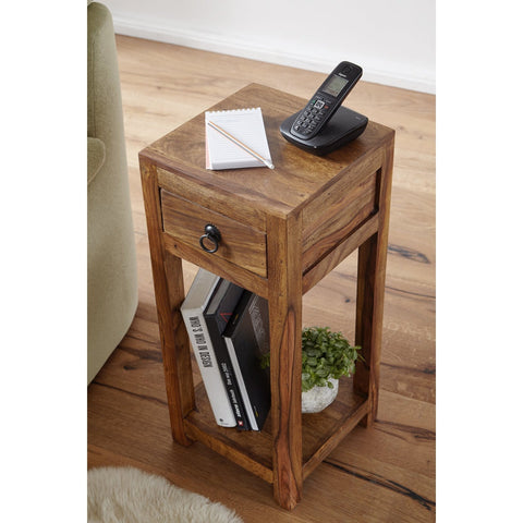 Rootz Side Table - Solid Wood Side Table - Telephone Table - Handmade - Drawer - Brown - 30 x 30 x 68 cm