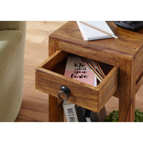 Rootz Side Table - Solid Wood Side Table - Telephone Table - Handmade - Drawer - Brown - 30 x 30 x 68 cm