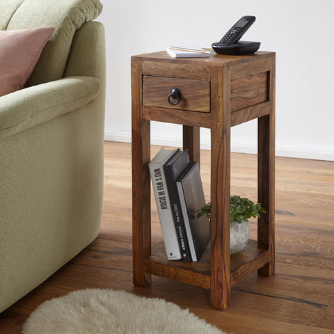 Rootz Side Table - Solid Wood Side Table - Telephone Table - Handmade - Drawer - Brown - 30 x 30 x 68 cm