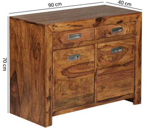 Rootz Sideboard - Sheesham Wood - 2 Drawers, 2 Doors - Design Highboard - Country Style - Brown Natural - 90cm Chest