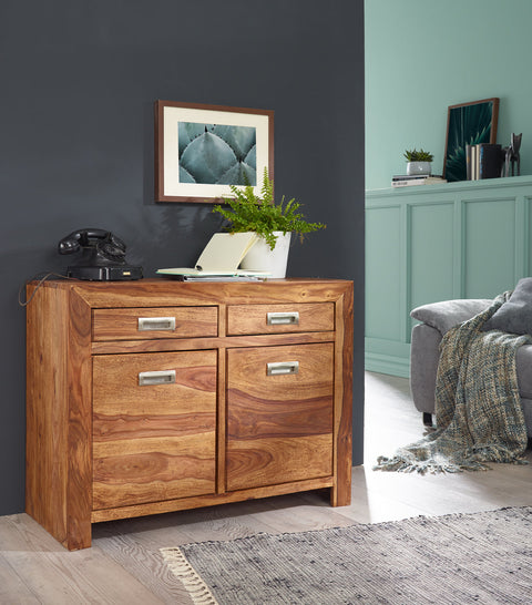 Rootz Sideboard - Sheesham Wood - 2 Drawers, 2 Doors - Design Highboard - Country Style - Brown Natural - 90cm Chest