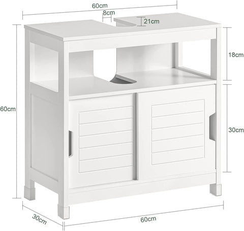 Rootz White Under Sink Bathroom Storage Cabinet with Shelf and Double Sliding Door- 60x30x60cm