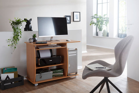 Rootz Computer Desk -  Rollable Beech - Keyboard Tray - Lockable Castors - Printer Storage - Space-saving Design - 90 x 71 x 50 cm