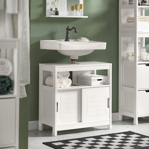 Rootz White Under Sink Bathroom Storage Cabinet with Shelf and Double Sliding Door- 60x30x60cm