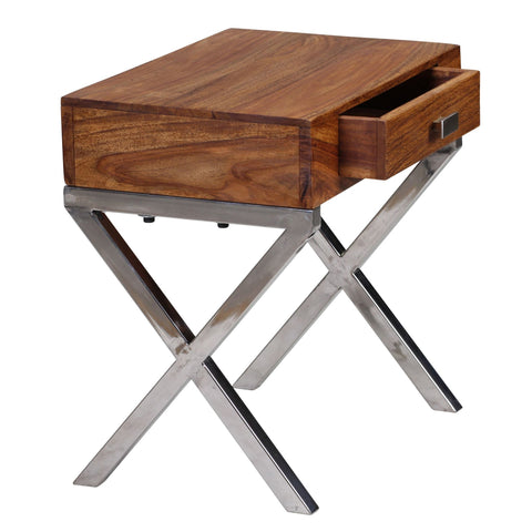 Rootz Bedside table - Sideboard - Solid Wood - - Drawer - Brown - Silver - Industrial - Chrome