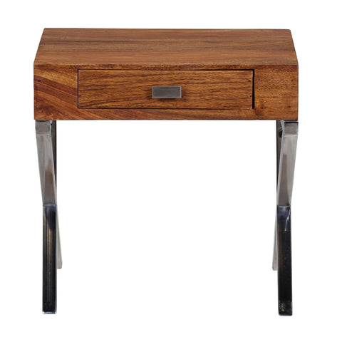 Rootz Bedside table - Sideboard - Solid Wood - - Drawer - Brown - Silver - Industrial - Chrome