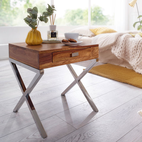 Rootz Bedside table - Sideboard - Solid Wood - - Drawer - Brown - Silver - Industrial - Chrome
