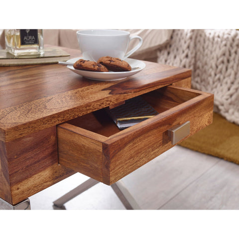 Rootz Bedside table - Sideboard - Solid Wood - - Drawer - Brown - Silver - Industrial - Chrome