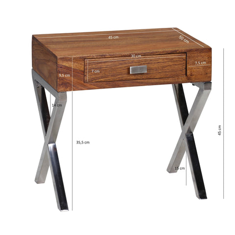 Rootz Bedside table - Sideboard - Solid Wood - - Drawer - Brown - Silver - Industrial - Chrome